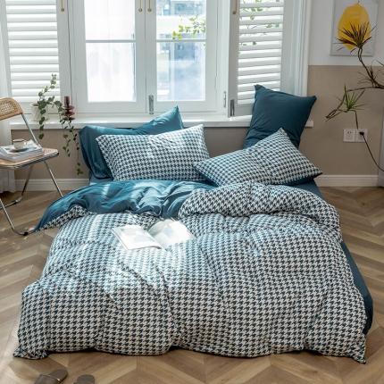 91家纺网 家纺一手货源 找家纺 华超针织 2021新款天竺棉千鸟格针织四件套风格1 海蓝