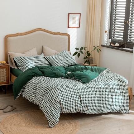 91家纺网 家纺一手货源 找家纺 华超针织 2021新款天竺棉千鸟格针织四件套风格2 墨绿