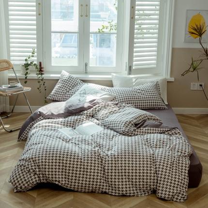 91家纺网 家纺一手货源 找家纺 华超针织 2021新款天竺棉千鸟格针织四件套风格1 藕色