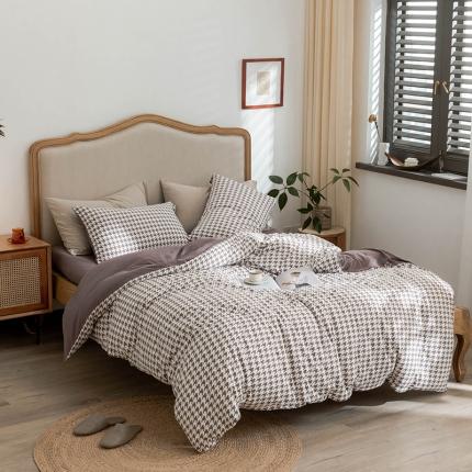 91家纺网 家纺一手货源 找家纺 华超针织 2021新款天竺棉千鸟格针织四件套风格2 藕色