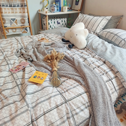 91家纺网 家纺一手货源 找家纺 （总）田野2020新款13372全棉简约格子四件套纯棉北欧风