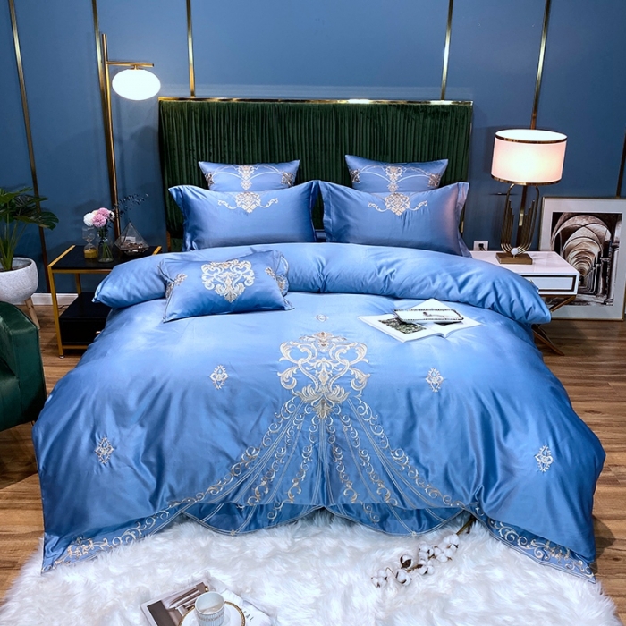 91家纺网 家纺一手货源 找家纺 宅家居60支贡缎真臻品丝B版纯棉刺绣卡瑞娜四件套实拍 卡瑞娜 -宾利蓝