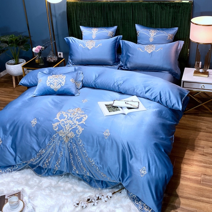 91家纺网 家纺一手货源 找家纺 宅家居60支贡缎真臻品丝B版纯棉刺绣卡瑞娜四件套实拍 卡瑞娜 -宾利蓝