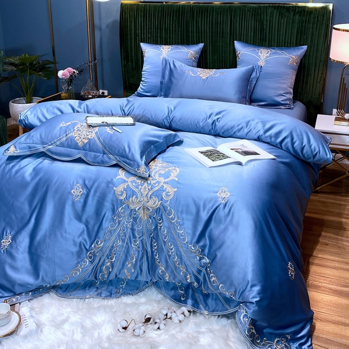 91家纺网 家纺一手货源 找家纺 宅家居60支贡缎真臻品丝B版纯棉刺绣卡瑞娜四件套实拍 卡瑞娜 -宾利蓝