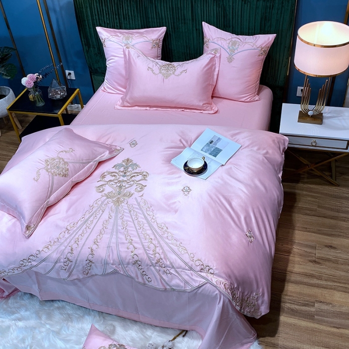 91家纺网 家纺一手货源 找家纺 宅家居60支贡缎真臻品丝B版纯棉刺绣卡瑞娜四件套实拍 卡瑞娜 -花瓣粉