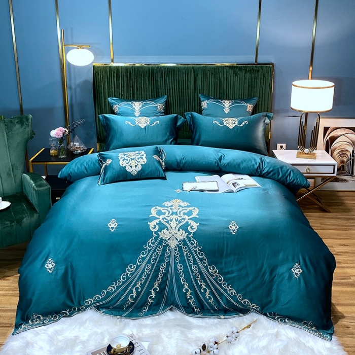 91家纺网 家纺一手货源 找家纺 宅家居60支贡缎真臻品丝B版纯棉刺绣卡瑞娜四件套实拍 卡瑞娜 -孔雀绿