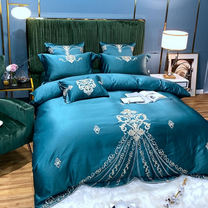 91家纺网 家纺一手货源 找家纺 宅家居60支贡缎真臻品丝B版纯棉刺绣卡瑞娜四件套实拍 卡瑞娜 -孔雀绿