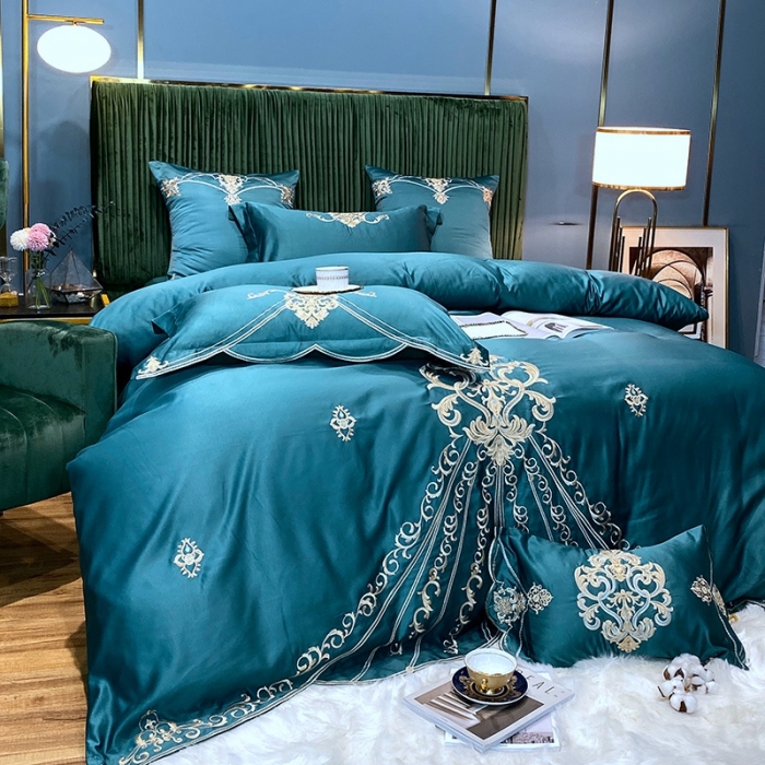 91家纺网 家纺一手货源 找家纺 宅家居60支贡缎真臻品丝B版纯棉刺绣卡瑞娜四件套实拍 卡瑞娜 -孔雀绿