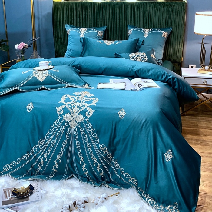 91家纺网 家纺一手货源 找家纺 宅家居60支贡缎真臻品丝B版纯棉刺绣卡瑞娜四件套实拍 卡瑞娜 -孔雀绿