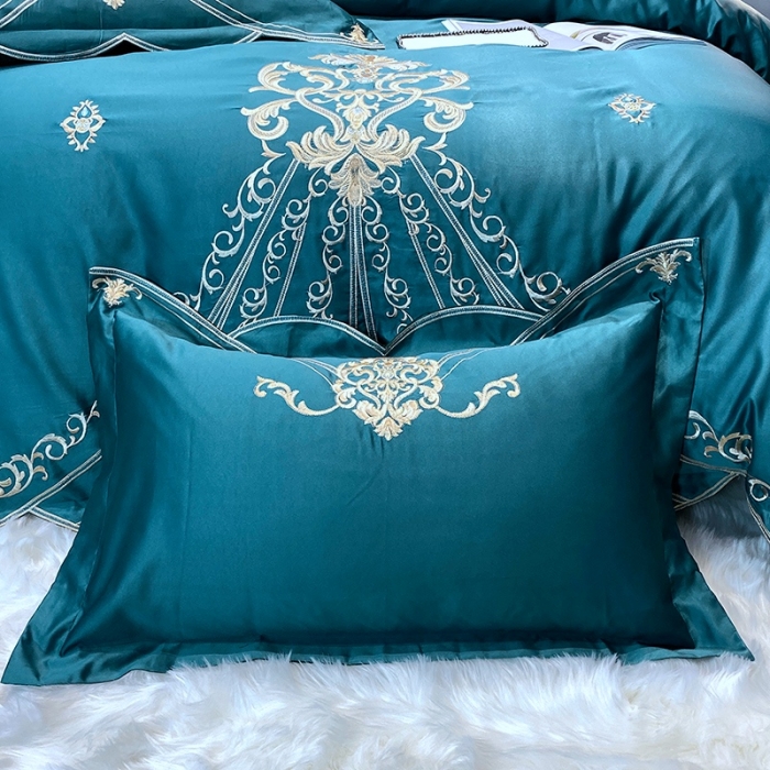 91家纺网 家纺一手货源 找家纺 宅家居60支贡缎真臻品丝B版纯棉刺绣卡瑞娜四件套实拍 卡瑞娜 -孔雀绿