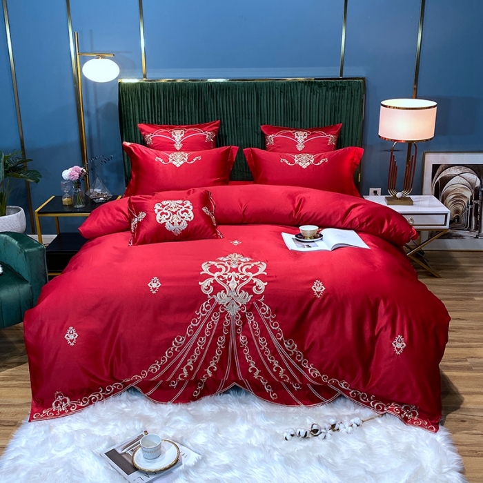 91家纺网 家纺一手货源 找家纺 宅家居60支贡缎真臻品丝B版纯棉刺绣卡瑞娜四件套实拍 卡瑞娜 -玫瑰红