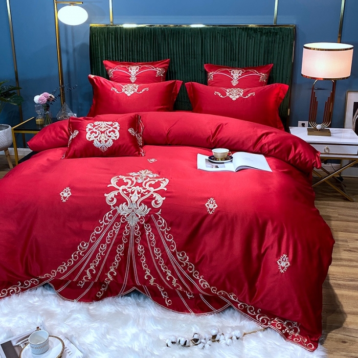 91家纺网 家纺一手货源 找家纺 宅家居60支贡缎真臻品丝B版纯棉刺绣卡瑞娜四件套实拍 卡瑞娜 -玫瑰红