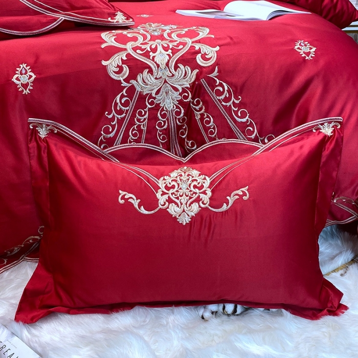 91家纺网 家纺一手货源 找家纺 宅家居60支贡缎真臻品丝B版纯棉刺绣卡瑞娜四件套实拍 卡瑞娜 -玫瑰红