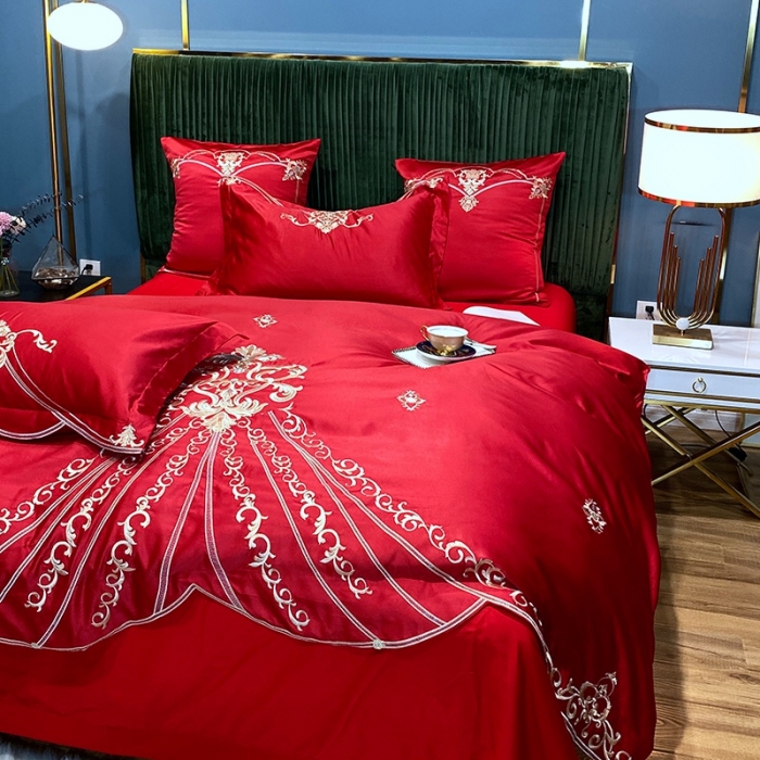 91家纺网 家纺一手货源 找家纺 宅家居60支贡缎真臻品丝B版纯棉刺绣卡瑞娜四件套实拍 卡瑞娜 -玫瑰红