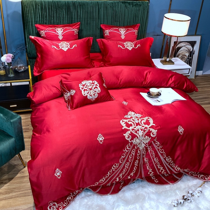 91家纺网 家纺一手货源 找家纺 宅家居60支贡缎真臻品丝B版纯棉刺绣卡瑞娜四件套实拍 卡瑞娜 -玫瑰红