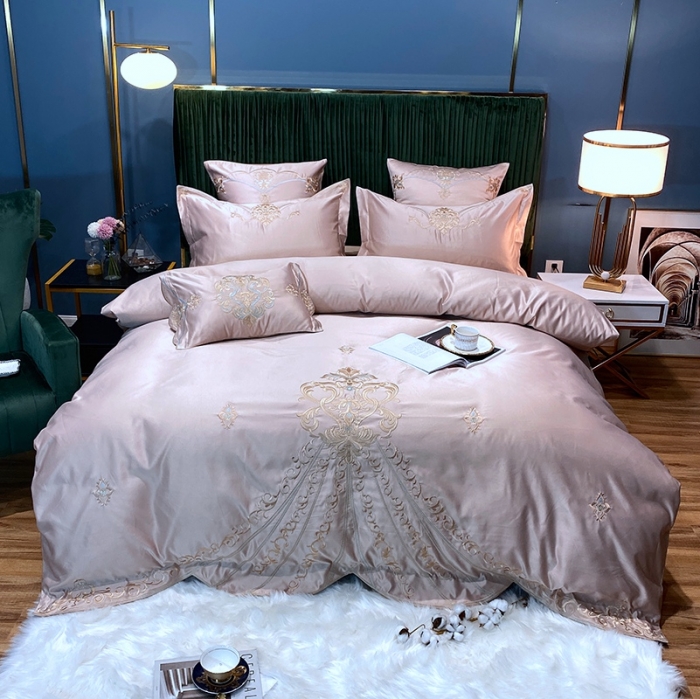 91家纺网 家纺一手货源 找家纺 宅家居60支贡缎真臻品丝B版纯棉刺绣卡瑞娜四件套实拍 卡瑞娜 -香槟金