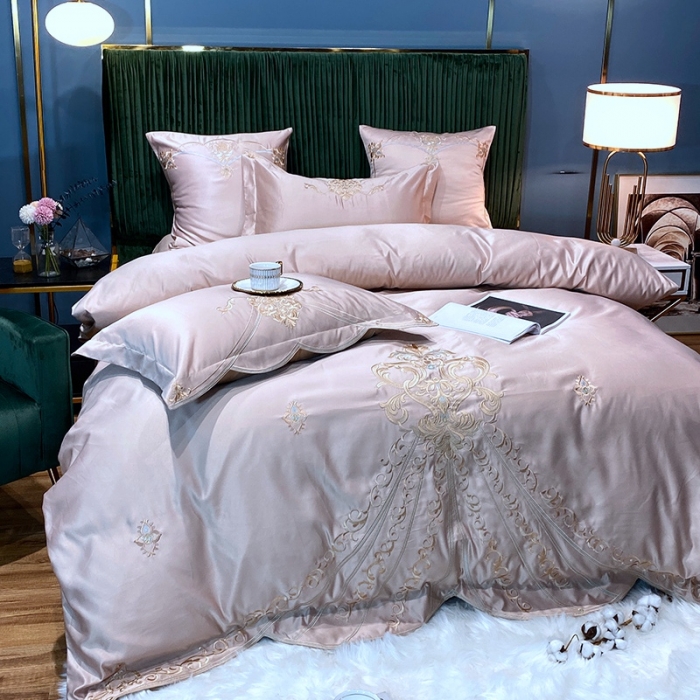 91家纺网 家纺一手货源 找家纺 宅家居60支贡缎真臻品丝B版纯棉刺绣卡瑞娜四件套实拍 卡瑞娜 -香槟金