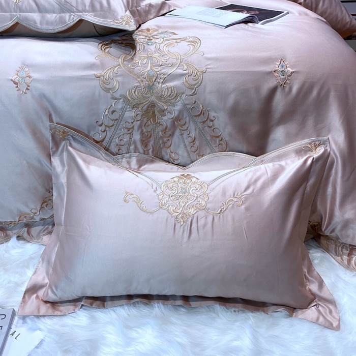 91家纺网 家纺一手货源 找家纺 宅家居60支贡缎真臻品丝B版纯棉刺绣卡瑞娜四件套实拍 卡瑞娜 -香槟金