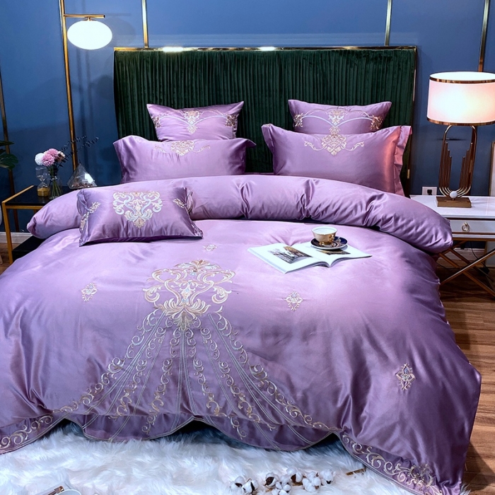 91家纺网 家纺一手货源 找家纺 宅家居60支贡缎真臻品丝B版纯棉刺绣卡瑞娜四件套实拍 卡瑞娜 -紫豆沙