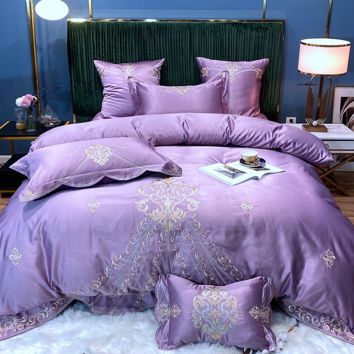 91家纺网 家纺一手货源 找家纺 宅家居60支贡缎真臻品丝B版纯棉刺绣卡瑞娜四件套实拍 卡瑞娜 -紫豆沙