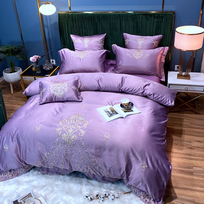 91家纺网 家纺一手货源 找家纺 宅家居60支贡缎真臻品丝B版纯棉刺绣卡瑞娜四件套实拍 卡瑞娜 -紫豆沙