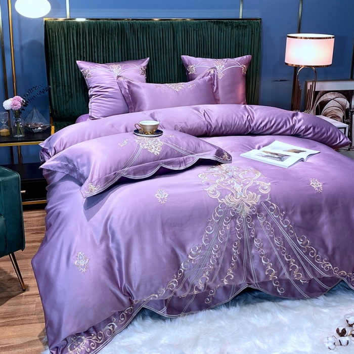 91家纺网 家纺一手货源 找家纺 宅家居60支贡缎真臻品丝B版纯棉刺绣卡瑞娜四件套实拍 卡瑞娜 -紫豆沙