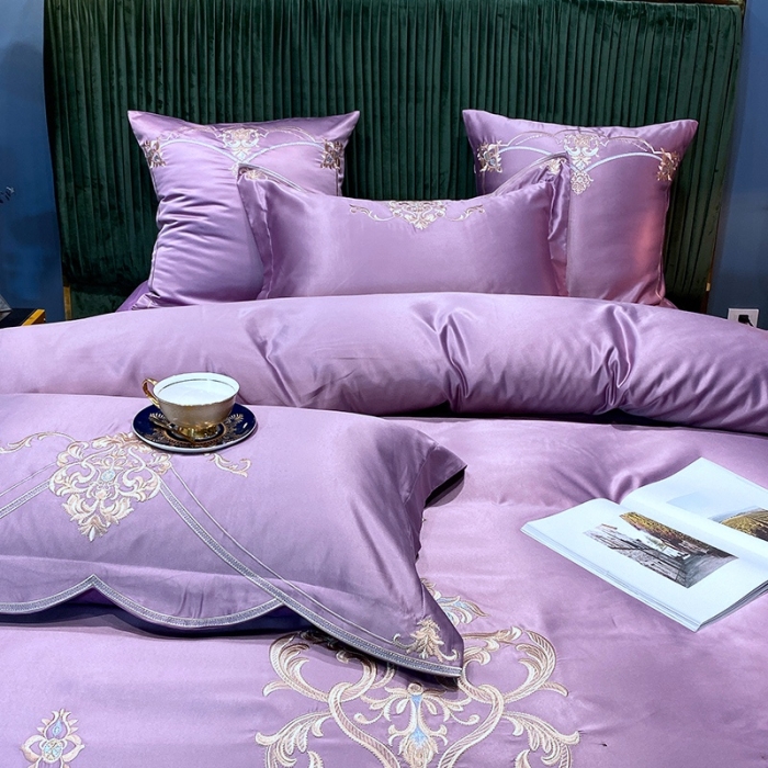 91家纺网 家纺一手货源 找家纺 宅家居60支贡缎真臻品丝B版纯棉刺绣卡瑞娜四件套实拍 卡瑞娜 -紫豆沙