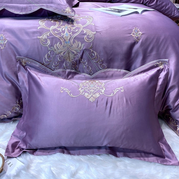 91家纺网 家纺一手货源 找家纺 宅家居60支贡缎真臻品丝B版纯棉刺绣卡瑞娜四件套实拍 卡瑞娜 -紫豆沙