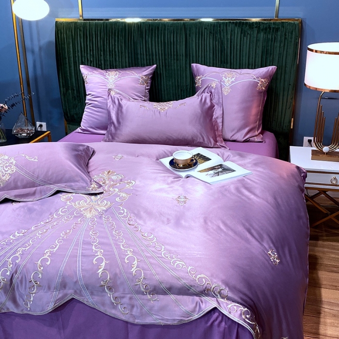 91家纺网 家纺一手货源 找家纺 宅家居60支贡缎真臻品丝B版纯棉刺绣卡瑞娜四件套实拍 卡瑞娜 -紫豆沙