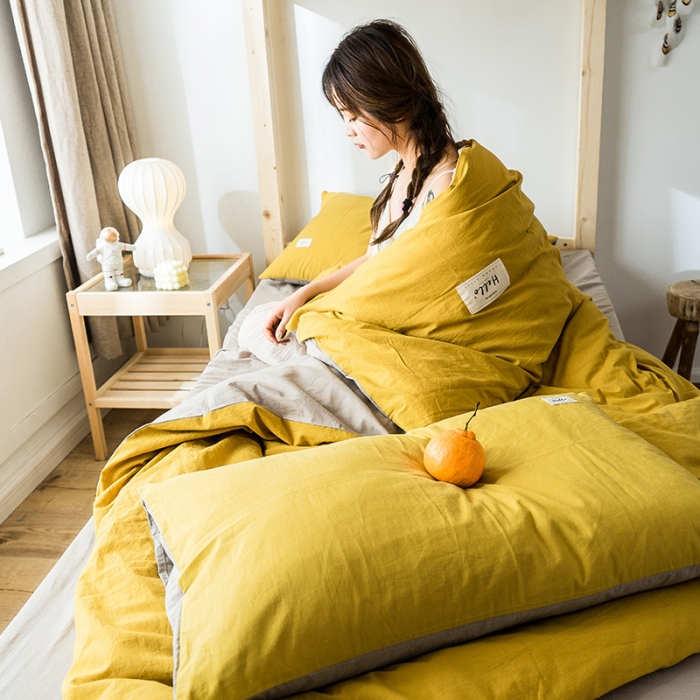 91家纺网 家纺一手货源 找家纺 蓝巢 2020新款全棉水洗棉学生季三件套 黄卡其