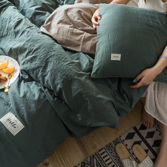 91家纺网 家纺一手货源 找家纺 蓝巢 2020新款全棉水洗棉学生季三件套 绿卡其