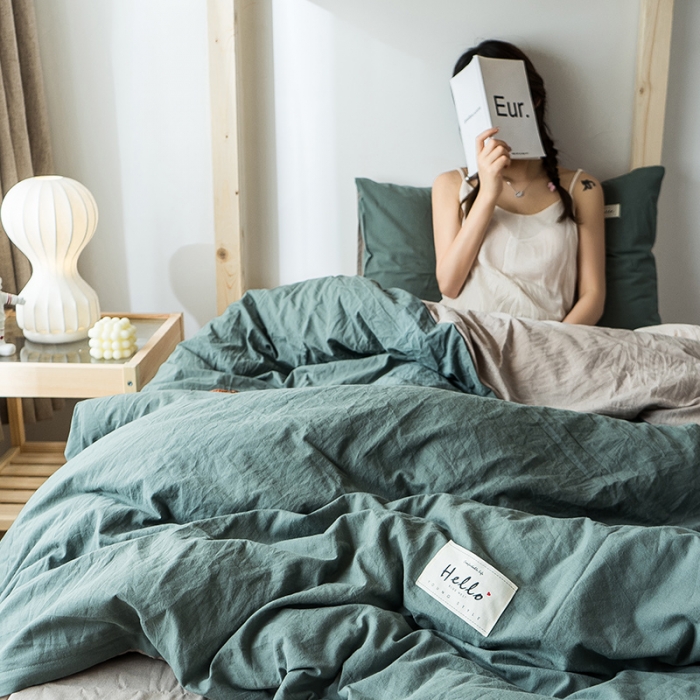 91家纺网 家纺一手货源 找家纺 蓝巢 2020新款全棉水洗棉学生季三件套 绿卡其