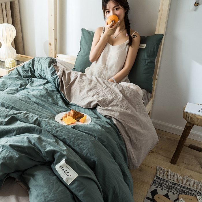 91家纺网 家纺一手货源 找家纺 蓝巢 2020新款全棉水洗棉学生季三件套 绿卡其