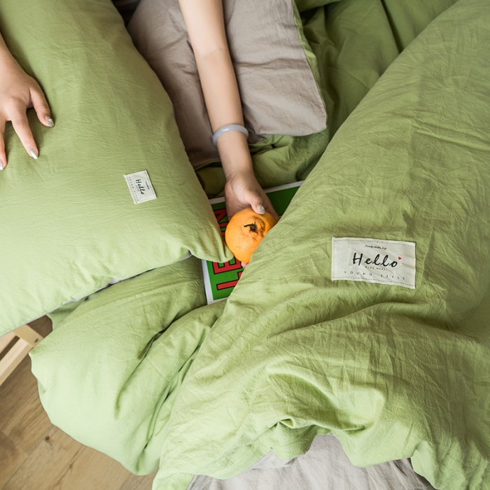 91家纺网 家纺一手货源 找家纺 蓝巢 2020新款全棉水洗棉学生季三件套 抹茶卡其