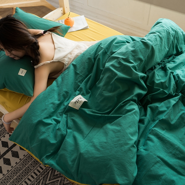 91家纺网 家纺一手货源 找家纺 蓝巢 2020新款全棉水洗棉学生季三件套 墨绿杏黄