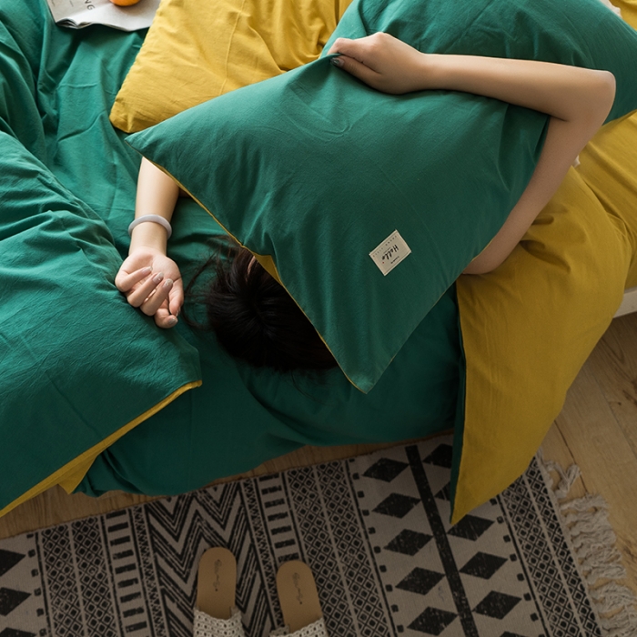 91家纺网 家纺一手货源 找家纺 蓝巢 2020新款全棉水洗棉学生季三件套 墨绿杏黄