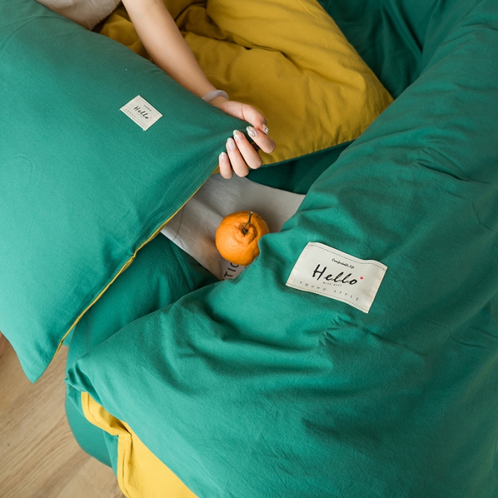 91家纺网 家纺一手货源 找家纺 蓝巢 2020新款全棉水洗棉学生季三件套 墨绿杏黄