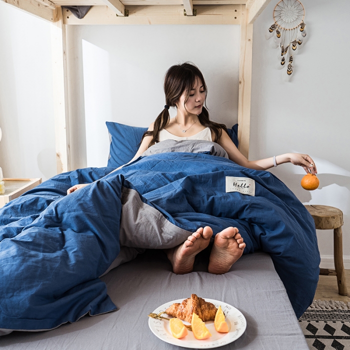 91家纺网 家纺一手货源 找家纺 蓝巢 2020新款全棉水洗棉学生季三件套 牛仔蓝浅灰