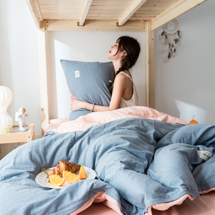 91家纺网 家纺一手货源 找家纺 蓝巢 2020新款全棉水洗棉学生季三件套 浅蓝粉