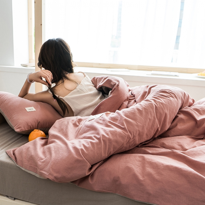 91家纺网 家纺一手货源 找家纺 蓝巢 2020新款全棉水洗棉学生季三件套 珊瑚红卡其