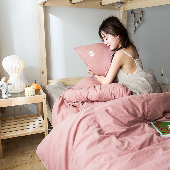 91家纺网 家纺一手货源 找家纺 蓝巢 2020新款全棉水洗棉学生季三件套 珊瑚红卡其