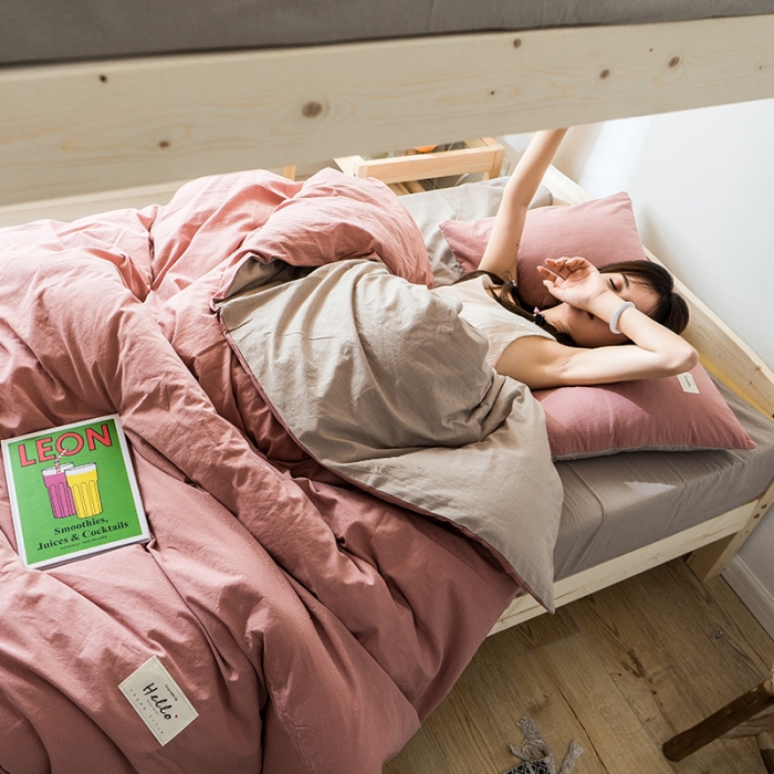 91家纺网 家纺一手货源 找家纺 蓝巢 2020新款全棉水洗棉学生季三件套 珊瑚红卡其