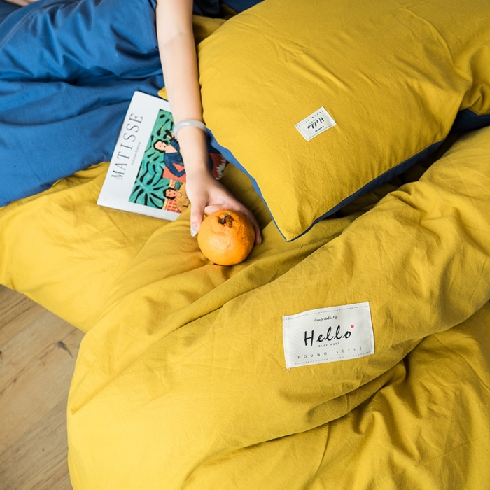 91家纺网 家纺一手货源 找家纺 蓝巢 2020新款全棉水洗棉学生季三件套 杏黄牛仔蓝