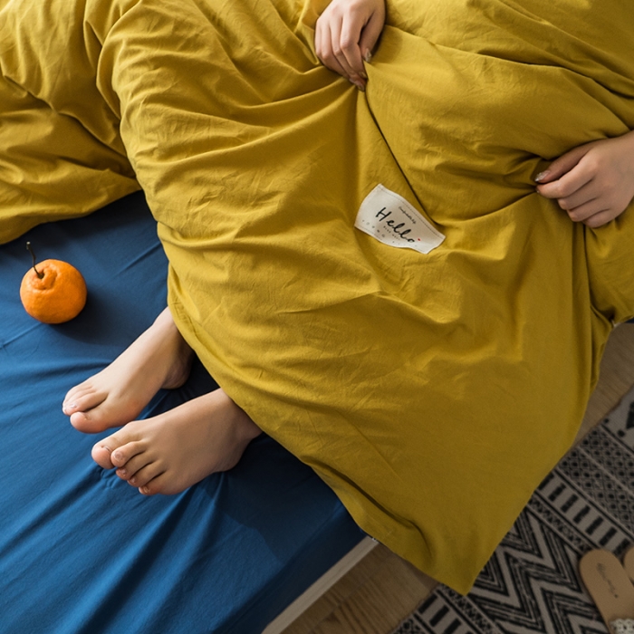 91家纺网 家纺一手货源 找家纺 蓝巢 2020新款全棉水洗棉学生季三件套 杏黄牛仔蓝