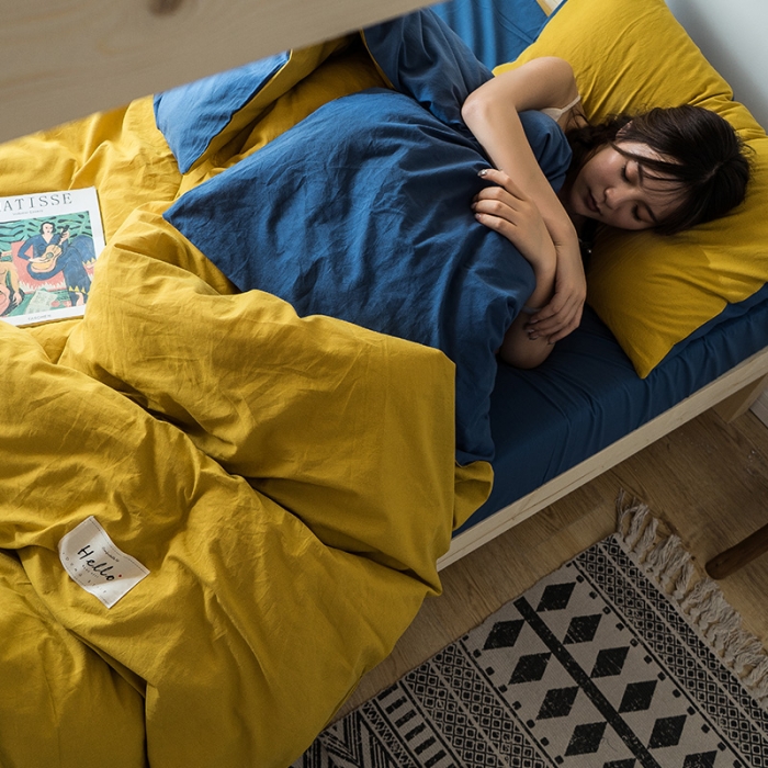 91家纺网 家纺一手货源 找家纺 蓝巢 2020新款全棉水洗棉学生季三件套 杏黄牛仔蓝