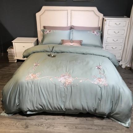 91家纺网 家纺一手货源 找家纺 玖玖爱 2020新款60贡缎绣花四件套 兰庭醉影绿色