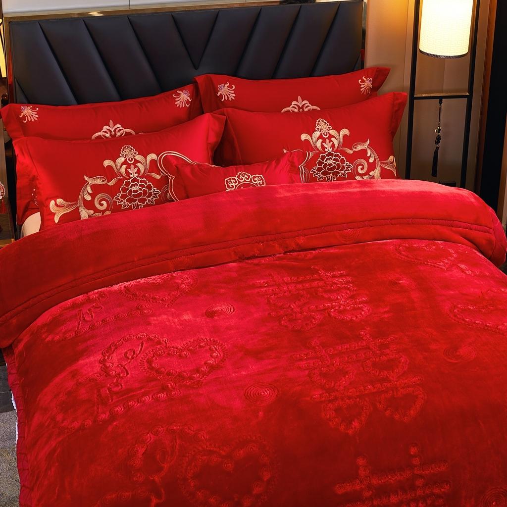 91家纺网 家纺一手货源 找家纺 新款婚庆绣花毯 616大红-大双喜/9斤