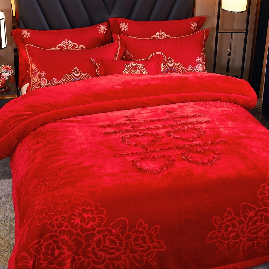 91家纺网 家纺一手货源 找家纺 新款婚庆绣花毯618工艺毯大红-双喜/9斤