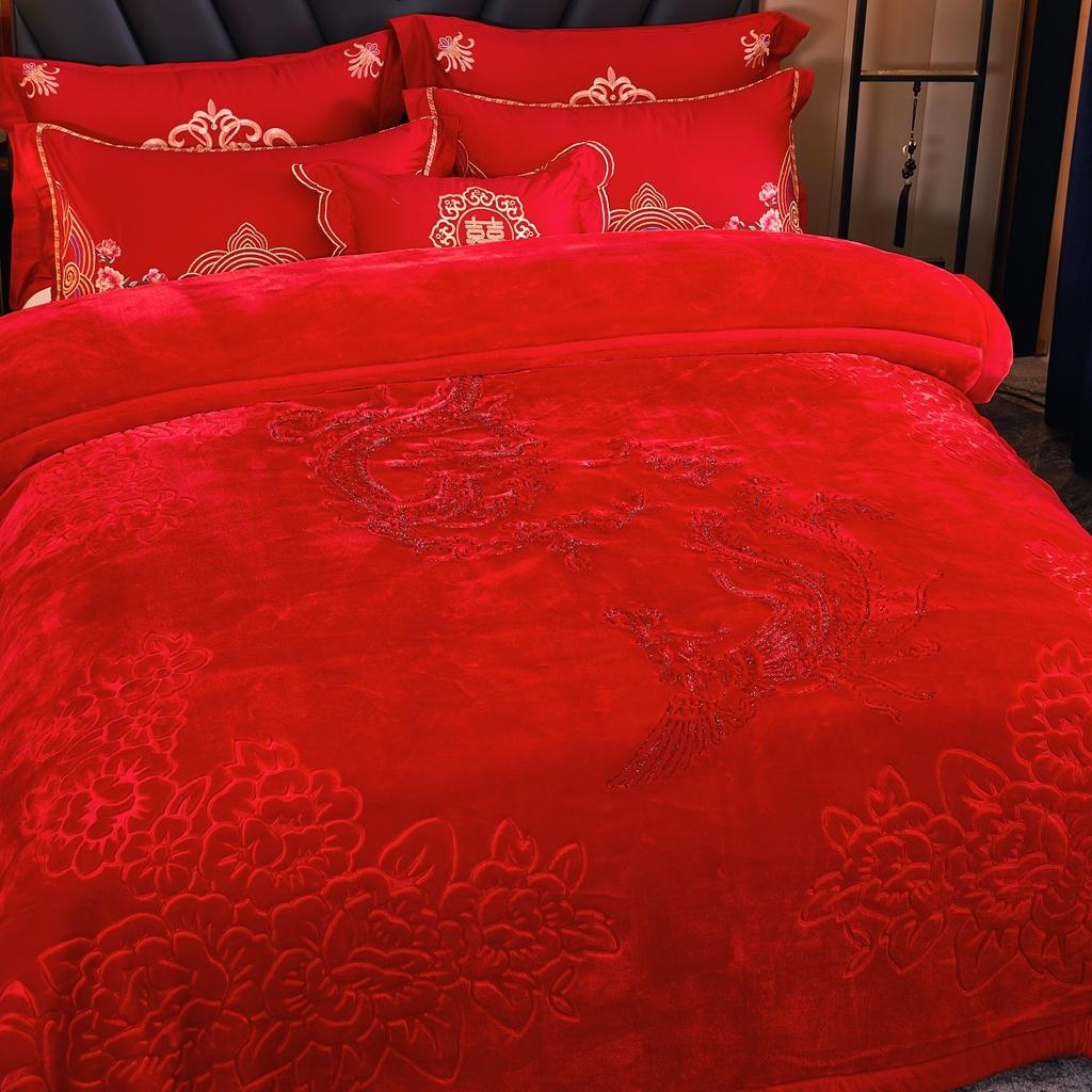 91家纺网 家纺一手货源 找家纺 新款婚庆绣花毯619工艺毯大红-龙凤/9斤