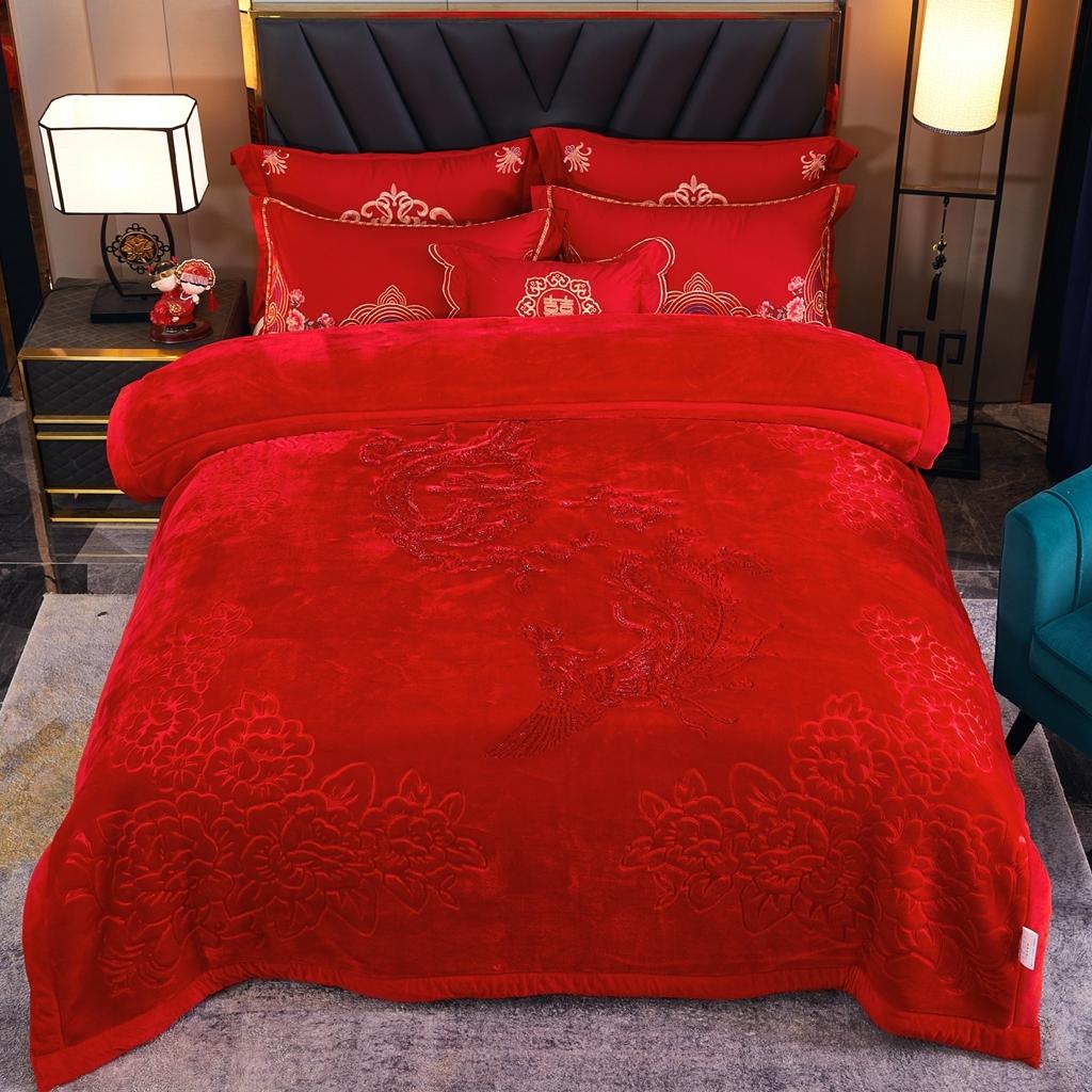 91家纺网 家纺一手货源 找家纺 新款婚庆绣花毯619工艺毯大红-龙凤/9斤